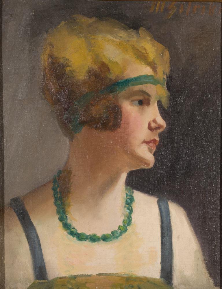 ZKM-10713; D-210 M. Šileikis „Blondinė su žaliais karoliais“. Drobė, aliejus. Išm: 45,5×35,2 cm