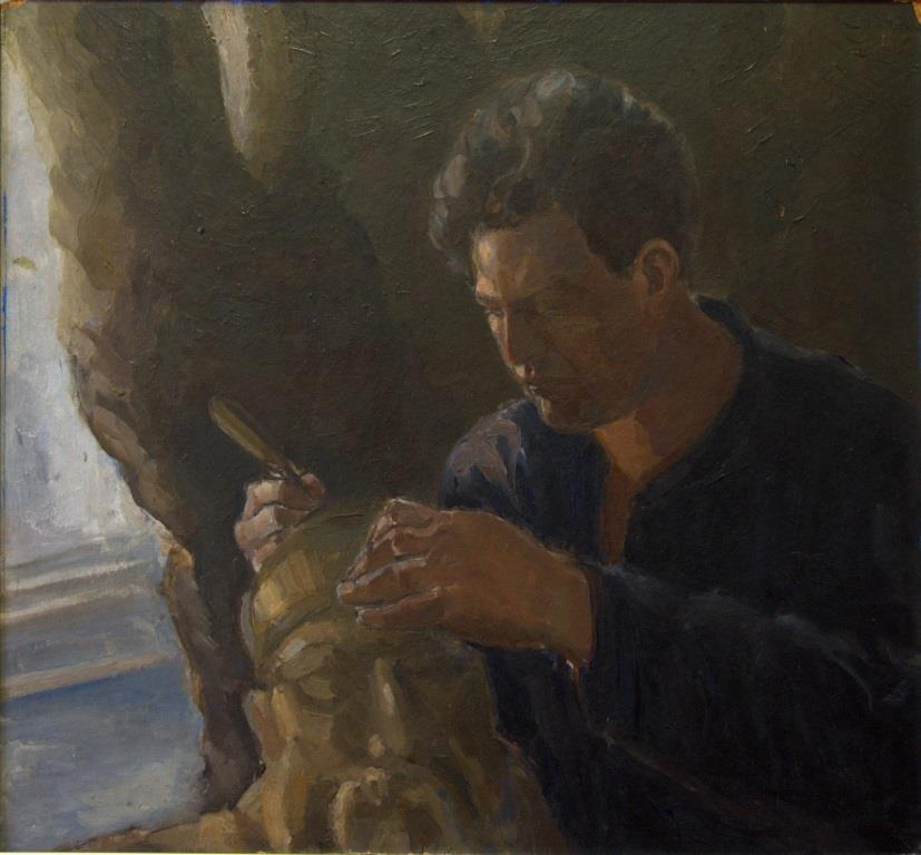 Dirbančio skulptoriaus D. Jakersono portretas. E. Kabiščer-Jakerson. 1920 m. pab. – 1930 m. pr.