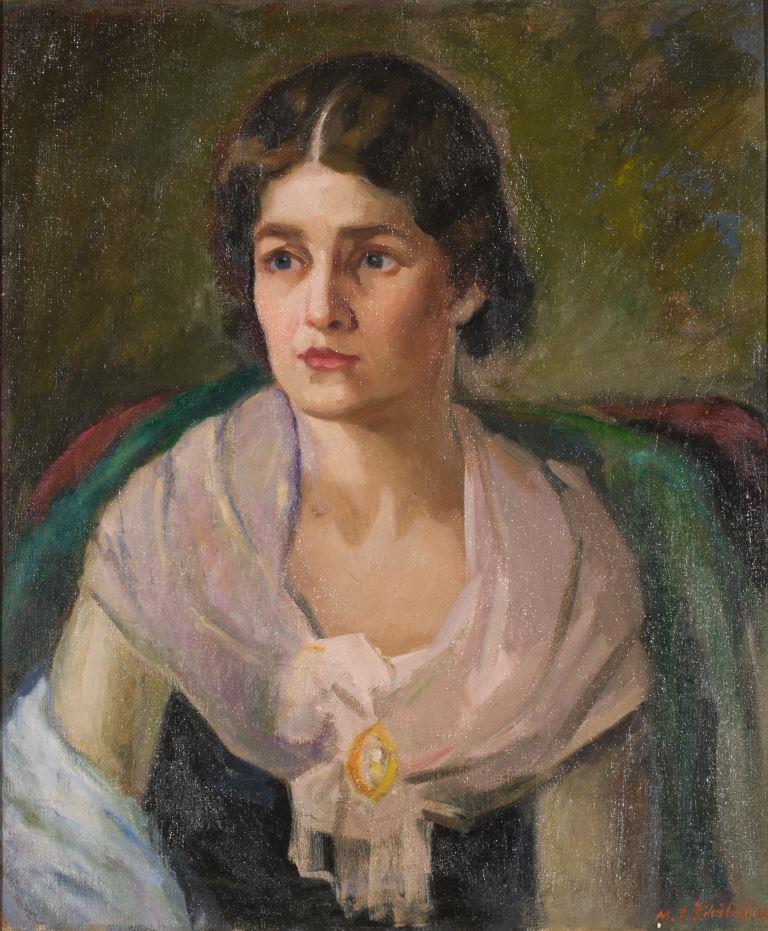 ZKM-10714; D-211 M. Šileikis „Mergaitė su žaliu šaliu“. Drobė, aliejus. Išm: 60,6×50,7 cm