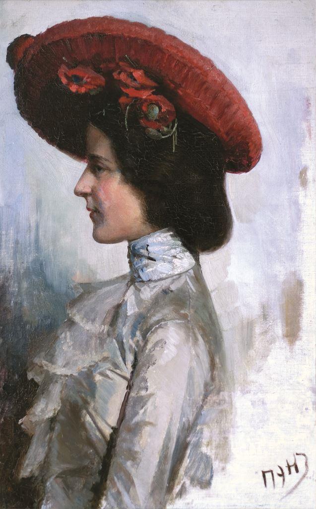 Dama su raudona skrybėle. 1908 m.